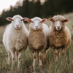 Obraz premium Trio of sheep standing in a pasture at sunset