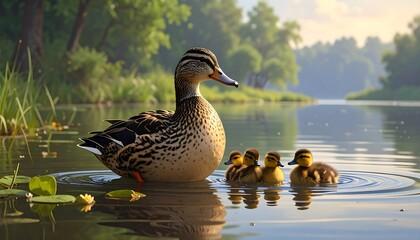 Obraz premium A serene image showcasing a duck with her three ducklings swimming in a calm lake. Lush green trees line the backdrop