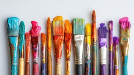 Obraz premium A vibrant, close-up shot showcases a collection of paintbrushes, each adorned with a multitude of colors, lined against a clean white backdrop