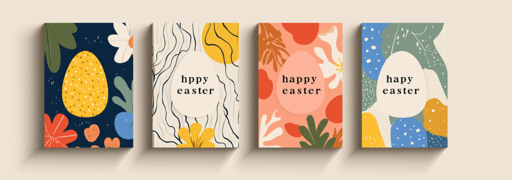 4 templates for an easter party invitation, featuring a modern, flat vector illustration with the text happy easter and a title in different styles