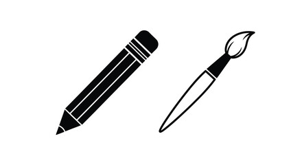 Simple black and white illustration of a pencil and paintbrush