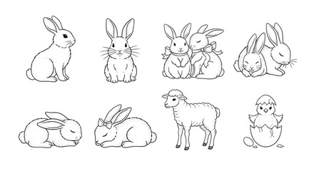 Obraz premium Cute pencil sketch of rabbits, lamb, and hatching chick