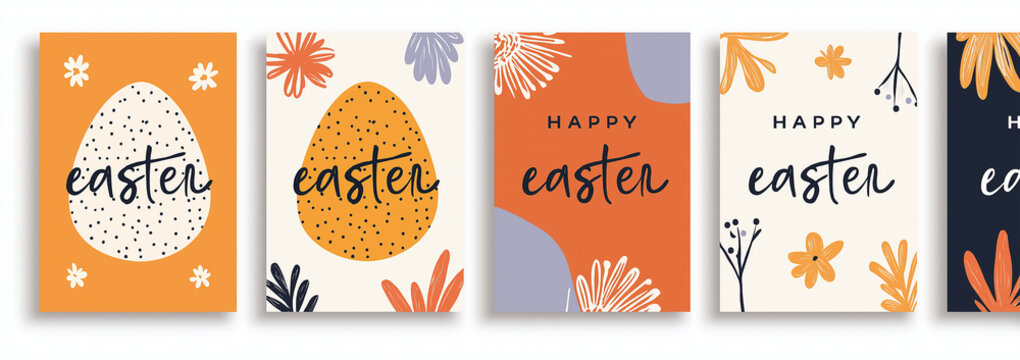 4 templates for an easter party invitation, featuring a modern, flat vector illustration with the text happy easter and a title in different styles
