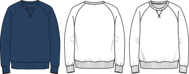 Raglan Sweatshirt Flat Vector Illustration, Men’s Crewneck Pullover Technical Sketch Front and Back © ASH Labs