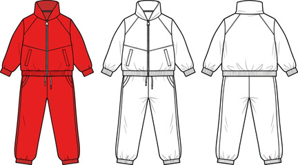 Red and White Tracksuit Technical Sketch, Sportswear Fleece Set Flat Illustration, Apparel Design © ASH Labs