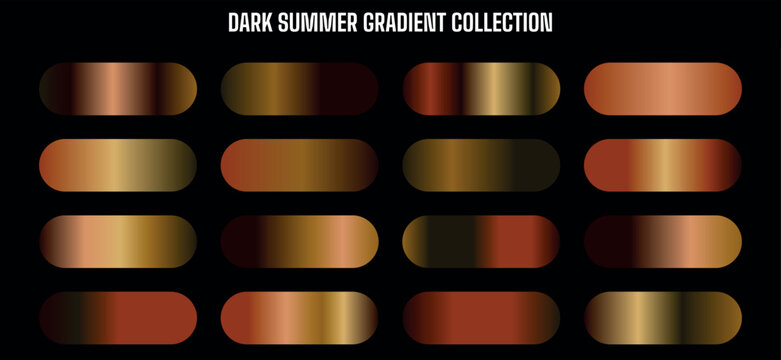 Dark Summer Gradient Collection vector, metallic bronze and gold color palette swatches for UI, web, app, branding, social media, isolated on black