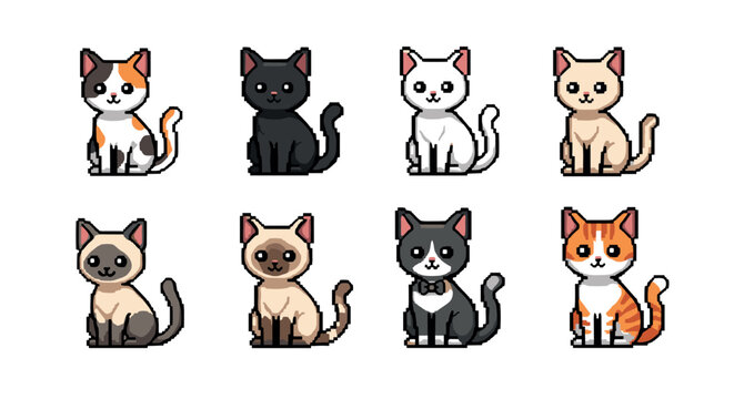 Cute pixel art cats collection with various patterns and colors