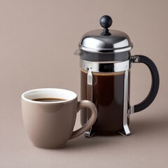 French Press with Coffee Mug on Neutral Background