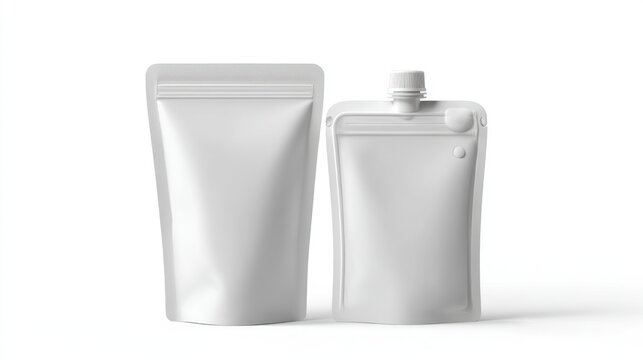 Two standing, white, sealed pouches against a clean white background. One is a simple stand-up pouch, the other with a spout and cap