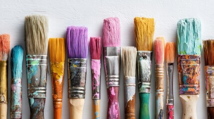 Fototapeta premium A vibrant row of paintbrushes, various sizes and colors, showcasing diverse bristle shapes and paint residue on their handles and bristles, arranged against a neutral backdrop