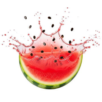 A juicy slice of watermelon splashing with seeds flying everywhere