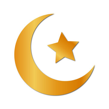 Golden Crescent Moon and Star Symbol on Transparent Background &ndash; Islamic Ramadan Eid Icon Illustration