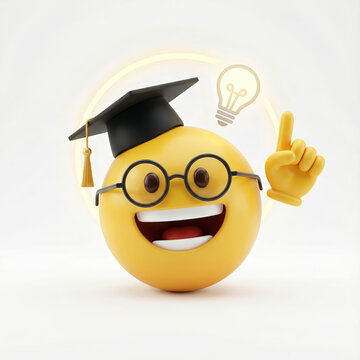 A cheerful yellow emoji wearing a graduation cap and glasses with a lightbulb above it symbolizing education and innovation