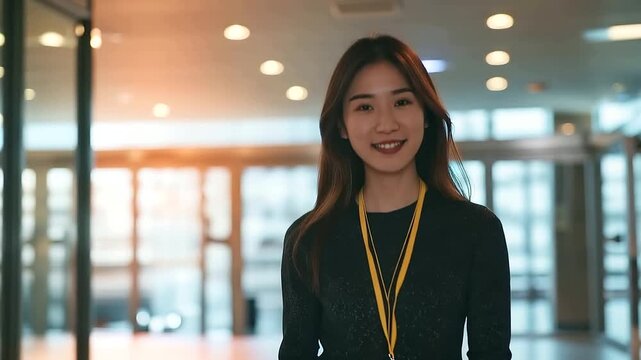 Young Asian professional woman confidently smiling in a corporate lobby wearing a lanyard and badge showcasing her approachable demeanor in a bright and welcoming environment.
