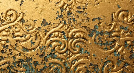 Obraz premium Vintage ornate gold surface with peeling paint and verdigris patina, aged textured background with baroque patterns