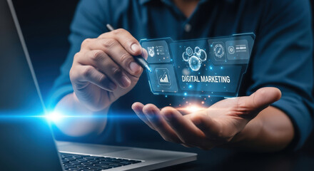 Harnessing Digital Marketing A Conceptual Image of a Person Interacting with a Holographic Display Showcasing Data Analytics and Online Strategies for Business Growth and Engagement