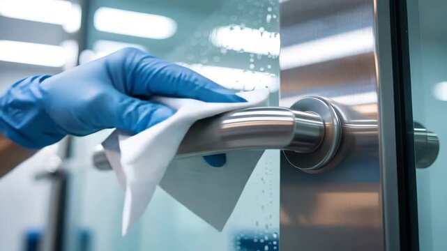 Sanitizing the Touchpoint: A gloved hand diligently sanitizes a door handle with a cleaning wipe, emphasizing the importance of hygiene and germ protection.