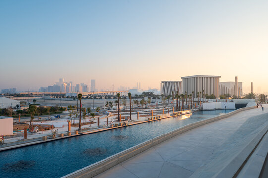 Abu Dhabi, United Arab Emirates &ndash; February 22, 2026: High-Angle View of Saadiyat Cultural District with Abrahamic Family House at Sunset