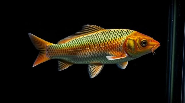Vibrant Orange and Green Fish Swimming in a Dark Aquarium - Close-Up Shot of an Exotic Freshwater Species with Detailed Scales and Dynamic Movement