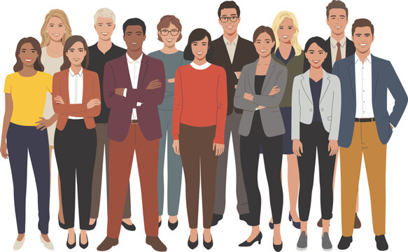 Multicultural business team standing together, diverse men and women in formal and smart casual office outfits, full body corporate people flat vector illustration
