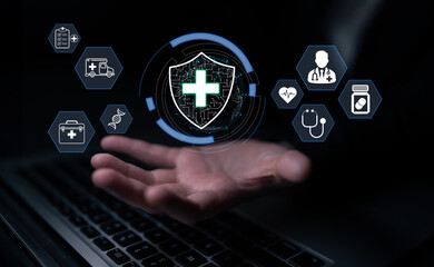 Digital Health Protection Concept with Medical Icons and Shield Overhand Demonstrating Health...