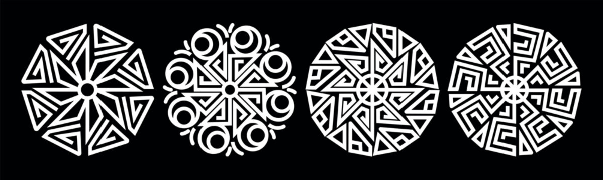 Set of circular geometric mandala ornaments with greek key motifs and tribal symmetry