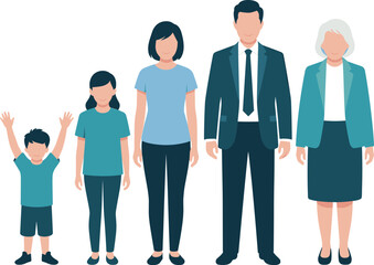 Obraz premium Multigenerational family character collection with children, parents and grandmother, full body flat vector illustration of people in casual and formal outfits isolated