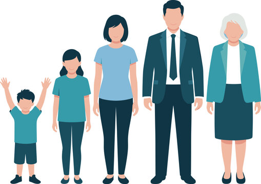Multigenerational family character collection with children, parents and grandmother, full body flat vector illustration of people in casual and formal outfits isolated