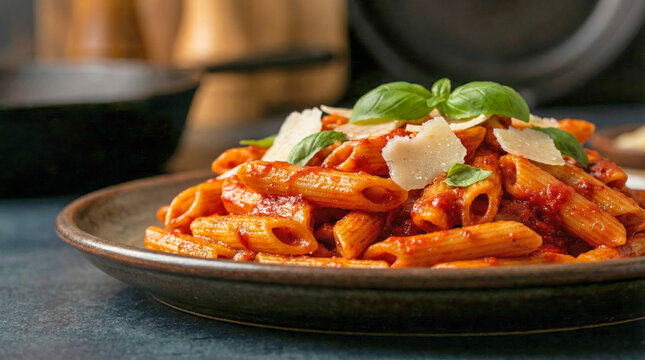 Italian Penne Pasta with Red Sauce and Shaved Parmesan