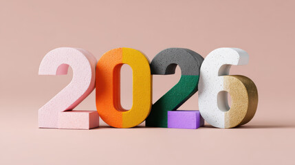 The numbers 2026 are painted in various colors and patterns. They are arranged on a light wall.