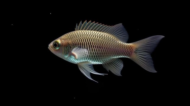 Close-up of a vibrant iridescent dwarf cichlid fish swimming gracefully against a stark black background showcasing its intricate scale patterns and captivating underwater beauty