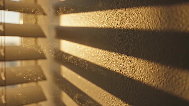 Morning sunlight streaming through blinds, casting warm shadows on a wall, symbolizing a fresh start concept with subtle dust particles