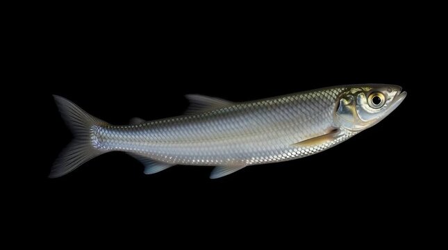 Close-up studio shot of a silvery American Shad fish isolated on black background showcasing its streamlined body and detailed scales a captivating aquatic wildlife portrait for educational