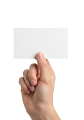 Fototapeta premium Hand holding a blank white card isolated on transparent background