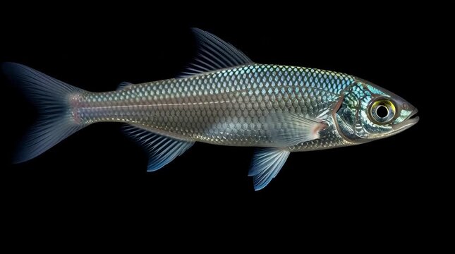Detailed studio shot of a silver bream fish isolated on black background showcasing its iridescent scales and streamlined body perfect for aquatic life documentaries or educational projects
