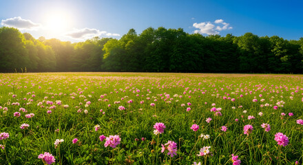 A serene field of pink flowers under a bright sunny sky.