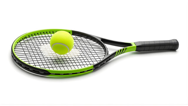 Green rackets with green tenis ball isolated on white background.