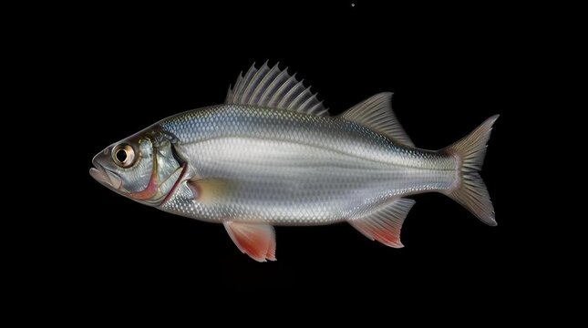 Detailed studio shot of a silver bream fish isolated on black background showcasing its sleek body and distinctive features for wildlife documentaries or educational projects