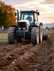 Fototapeta premium Tractor plowing a field at sunrise in rural landscape