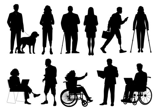 Black silhouette illustration of diverse men and women, including wheelchair users and individuals with prosthetic legs, canes, crutches, and a dog, isolated on transparent background