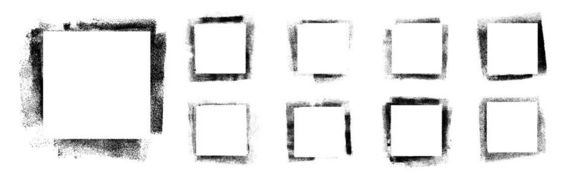 Set of grunge rolled ink stamp texture frames handmade with brayer. Rough square stencil borders, text box. Linocut printing square banner templates vector illustration on transparent background