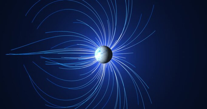 The luminous planet rotates in outer space, and the magnetic field lines diverge from it in dynamic streams, creating the effect of powerful energy radiation that fills the stage with movement.