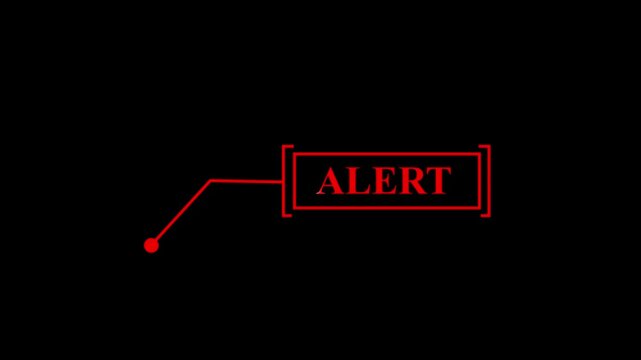 Animated "ALERT" text stamp with red outline and dot pointer on black background, video animation