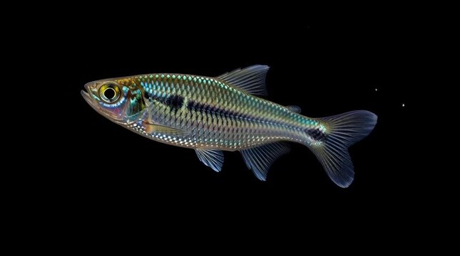 Detailed studio shot of a vibrant iridescent minnow swimming gracefully against a stark black background showcasing its unique scale patterns and delicate aquatic beauty for nature documentaries
