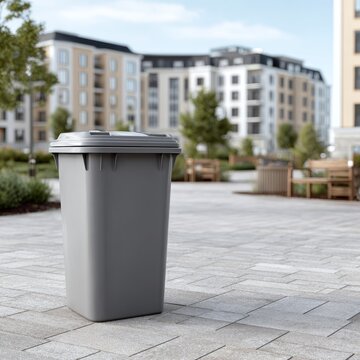 Modern trash can in urban residential courtyard setting