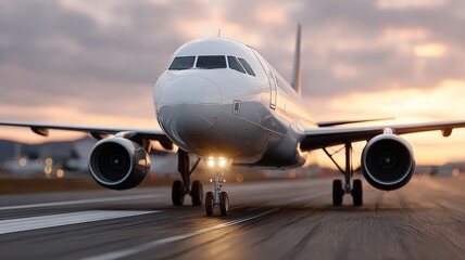 Naklejka premium Commercial airplane landing at sunset on airport runway