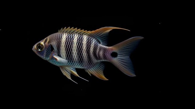 Striking close-up of a vibrant Julidochromis marlieri cichlid fish swimming gracefully against a stark black background showcasing its intricate patterns and captivating beauty in an aquarium setting