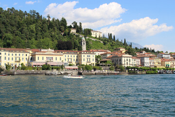 Bellagio town seen from Lake Como on sunny day, Lombardy, Italy.