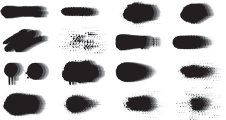 Collection of black smudge textures and brush strokes on white background for graphic design