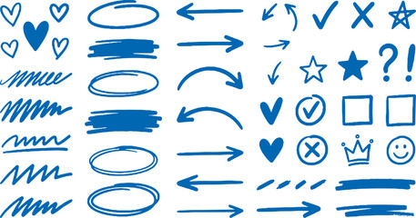 Collection of blue hand drawn icons and symbols for design and editing on white background